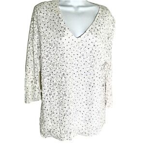 Y2K Vtg  Brittany Black Woman 1X Floral All Over Top Lace Mesh White Shimmer USA